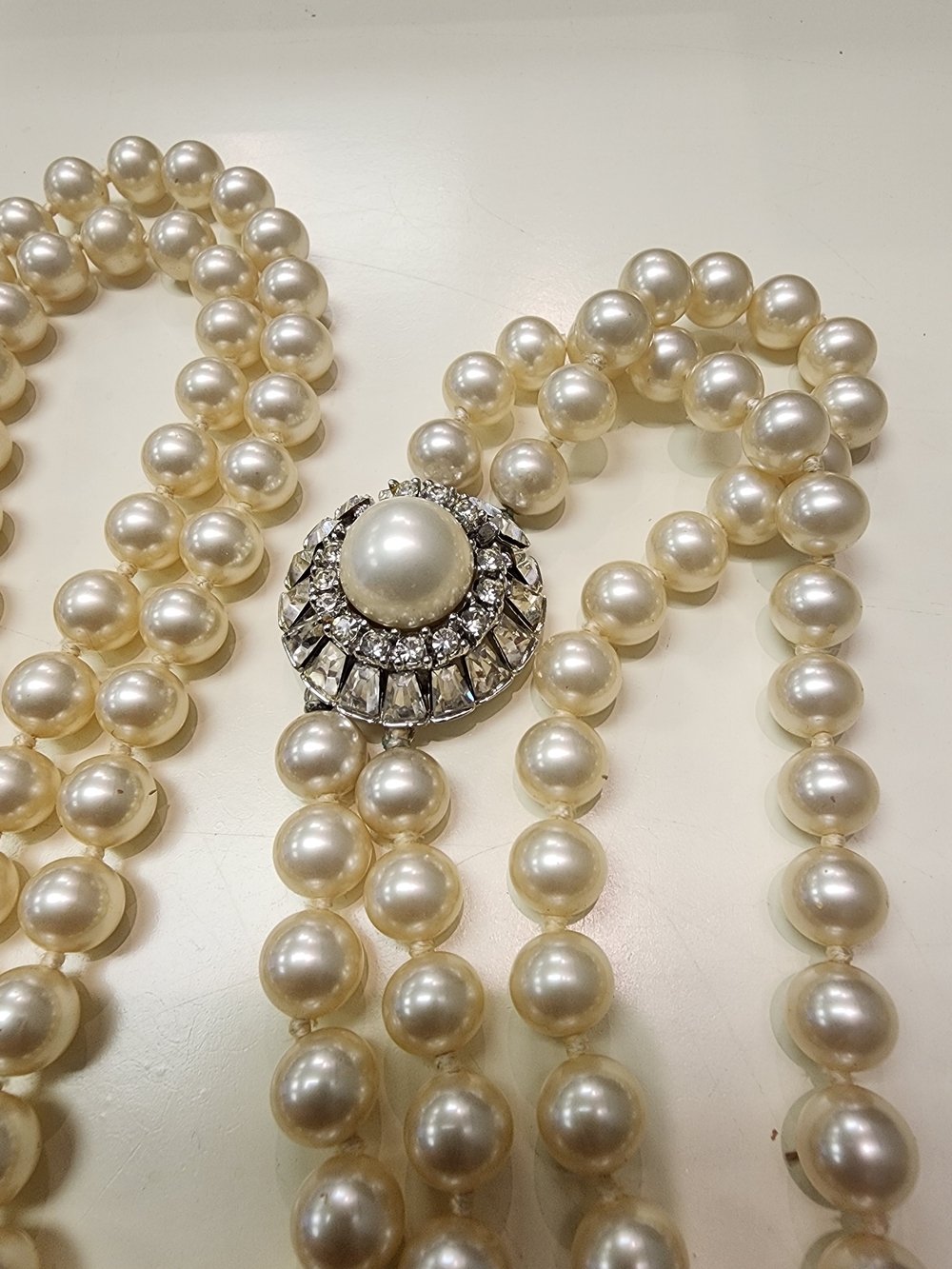 Vintage Mid-Century Double Strand Glass Pearl Necklace with Rhinestone Box Clasp